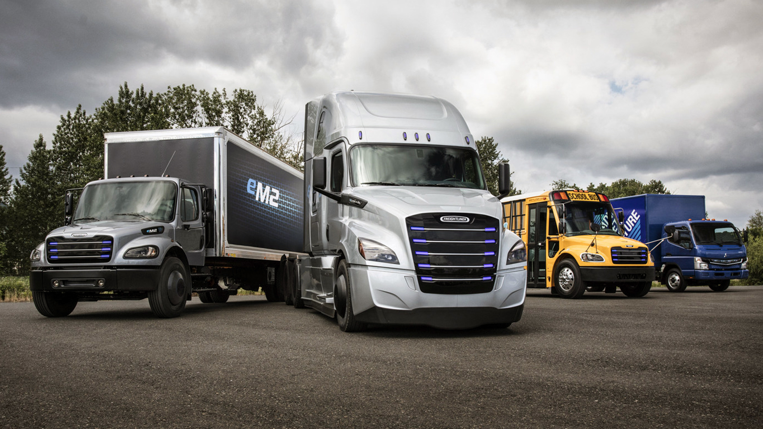 Freightliner eM2, Freightliner eCascadia, Thomas Built Buses Saf-T-Liner C2 Jouley, FUSO eCanter