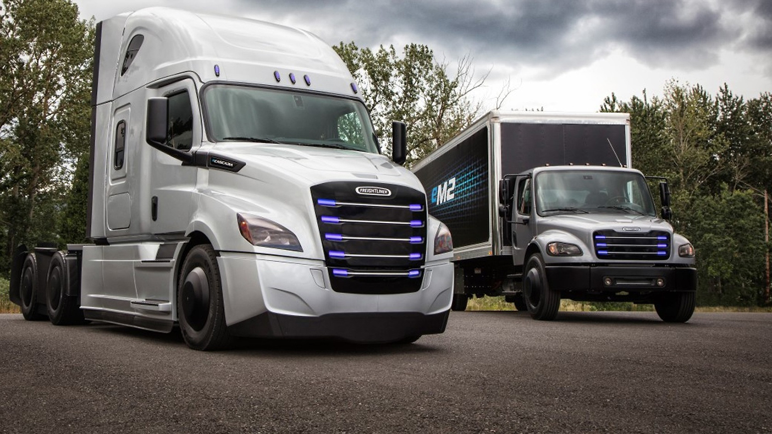 Freightliner eCascadia and eM2 trucks