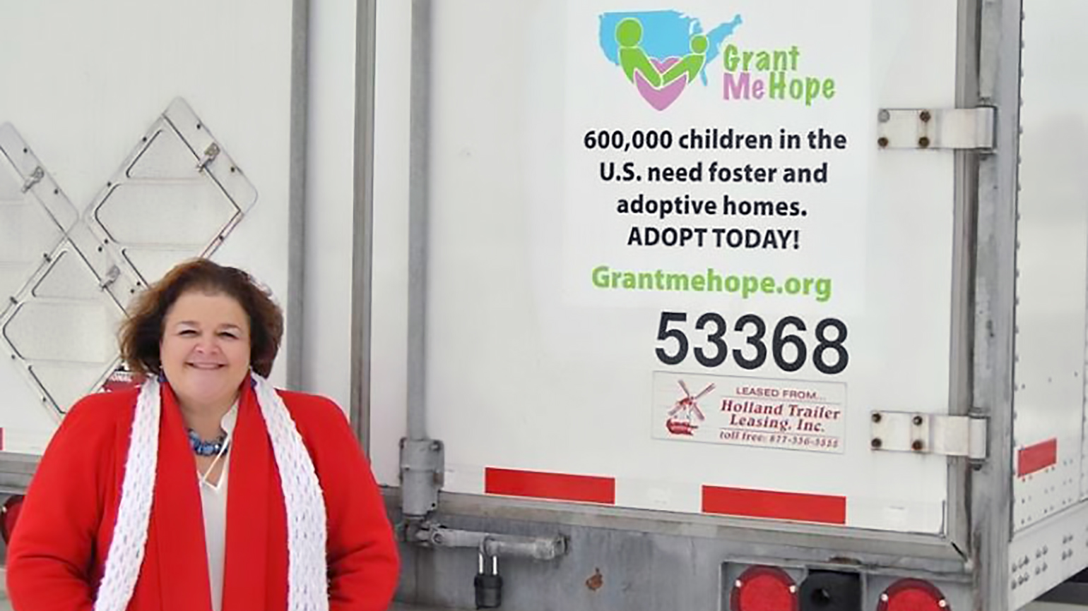 Helen Zeerip with a Grant Me Hope decal on the back of a trailer.