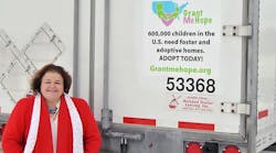 Helen Zeerip with a Grant Me Hope decal on the back of a trailer.