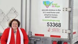 Helen Zeerip with a Grant Me Hope decal on the back of a trailer. Helen Zeerip with a Grant Me Hope decal on the back of a trailer.