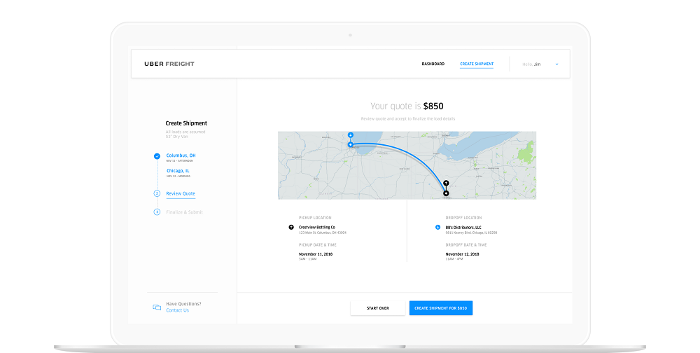Uber Freight Shipping screen