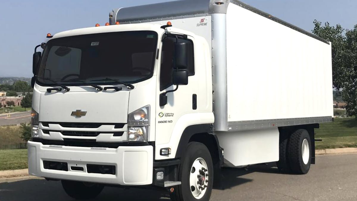 A Chevrolet Low-Cab Forward 6500XD with Lightning Systems&apos; new all-electric powertrain.