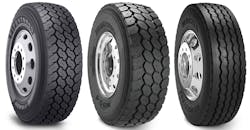 Left to right: Firestone FS818 severe service tire, Bridgestone M854 on/off-highway tire, and Bridgestone M860A high-scrub tire. These tires as well as the Bridgestone M864 in size 425/65R22.5 manufactured from June 10-30 are part of the voluntary recall.