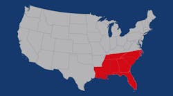 Southeast states in red have HOS and other rules lifted for hurricane relief drivers.