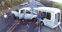 Texas Dept. of Public Safety photo of March 29, 2017 fatal pickup-to-van/bus crash Texas Dept. of Public Safety photo of March 29, 2017 fatal pickup-to-van/bus crash