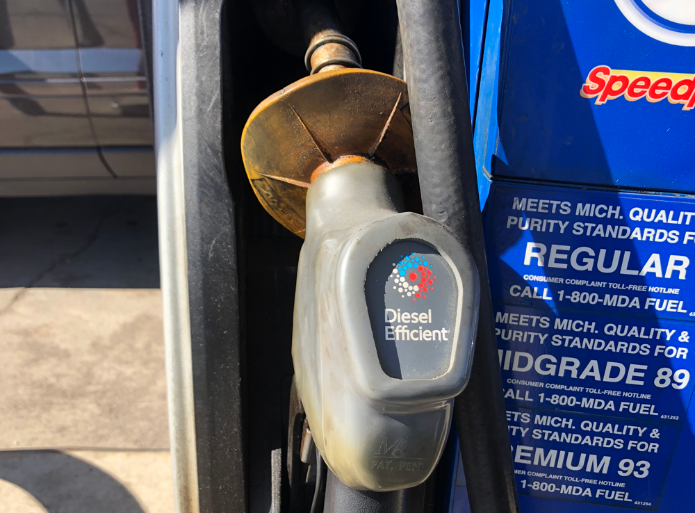 Ground drip from fugitive diesel fuel and discoloration around the nozzle show this fuel&rsquo;s true nature