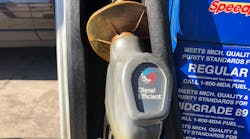 Ground drip from fugitive diesel fuel and discoloration around the nozzle show this fuel&rsquo;s true nature.