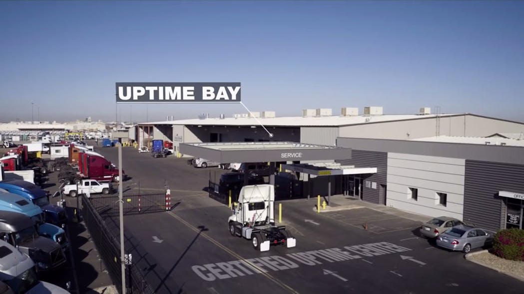 Still from a Mack video showing dedicated service bay reserved for quick repairs at a Mack Certified Uptime Center.