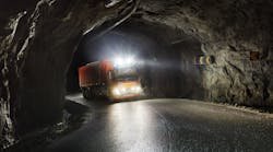 A Volvo FH navigates a tunnel at the mine.