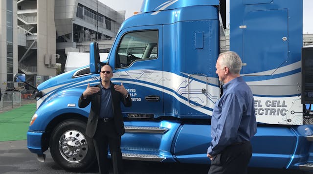 Andrew Lund of Toyota (left) with Kenworth&apos;s Brian Lindgren at CES.