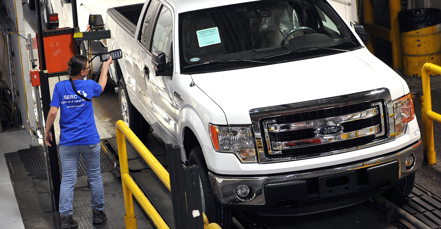 A Ford F-150 rolls off the production line at the OEM's Kansas City Aseembly Plant in May 2013.