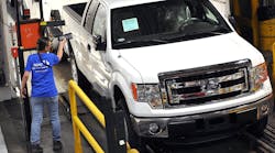 A Ford F-150 rolls off the production line at the OEM&apos;s Kansas City Aseembly Plant in May 2013.
