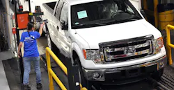 A Ford F-150 rolls off the production line at the OEM's Kansas City Aseembly Plant in May 2013.
