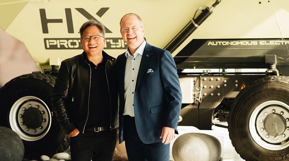 Martin Lundstedt, president and CEO of the Volvo Group, and Jensen Huang, founder and CEO of NVIDIA, stand before a prototype autonomous truck at a Volvo event in Gothenburg, Sweden.