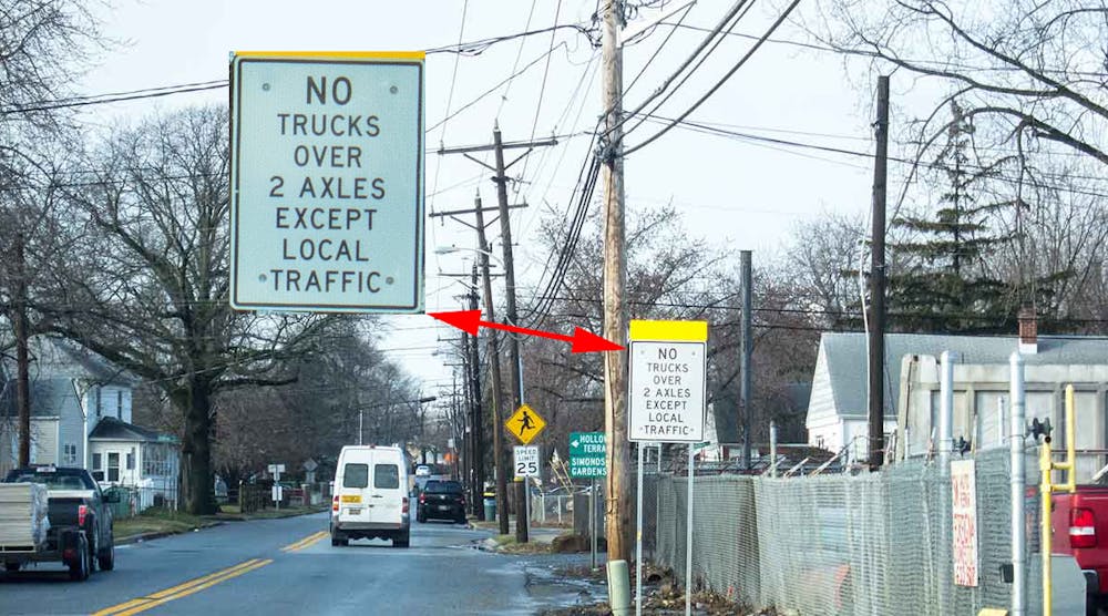 A view of Lambson Lane, where truckers unexpectedly come upon a sign prohibiting truck traffic.