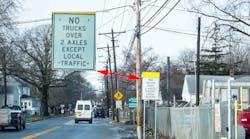 A view of Lambson Lane, where truckers unexpectedly come upon a sign prohibiting truck traffic.
