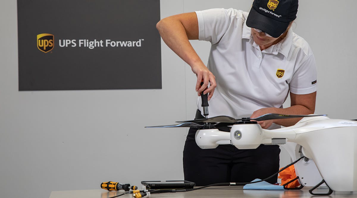 A technician works on a UPS Flight Forward drone.