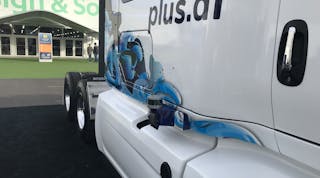 A sensor on the side of an International tractor used by Plus.AI to demo its Level 4 automated technology at CES this past January in Las Vegas.