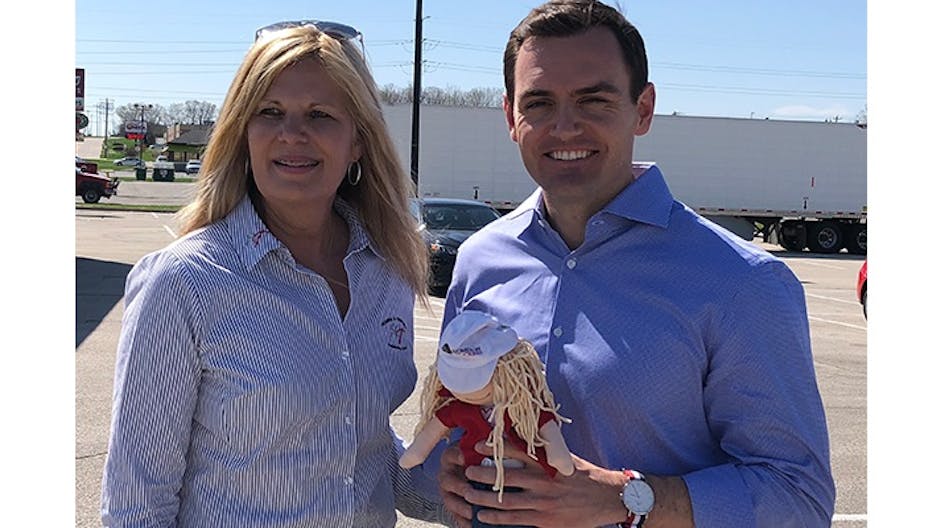 Ellen Voie, at left, president and CEO of the Women In Trucking Association, visits with Rep Mike Gallagher during a recent ride along.