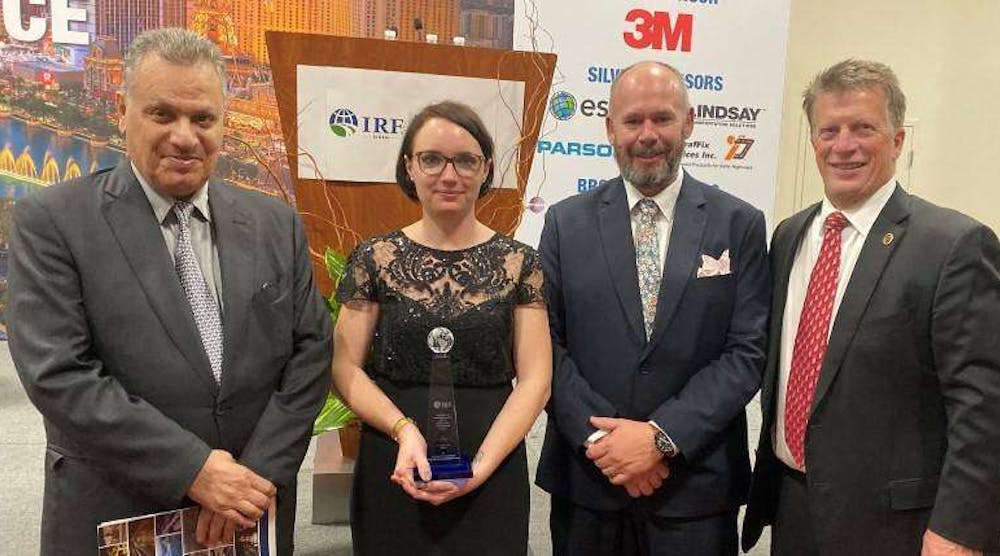 EROAD executives receive the 2019 Global Road Achievement Award from the IRF during a ceremony in Las Vegas.