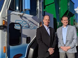 Peterbilt's Scott Newhouse (left) and Paccar's Stephan Olsen in front of the Peterbilt 520EV. Peterbilt's Scott Newhouse (left) and Paccar's Stephan Olsen in front of the Peterbilt 520EV.