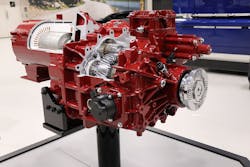 The LR Electric 2-speed Powershift transmission combines with two 130-kW motors to deliver a combined 496 peak hp. The LR Electric 2-speed Powershift transmission combines with two 130-kW motors to deliver a combined 496 peak hp.