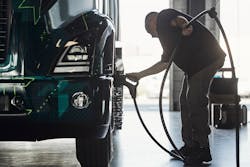 The charging area on the electric VNR is on the driver's side of the vehicle. The charging area on the electric VNR is on the driver's side of the vehicle.