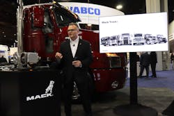 Mack Trucks' Stu Rossoli introduces the driver-assistive Command Steer function. Mack Trucks' Stu Rossoli introduces the driver-assistive Command Steer function.