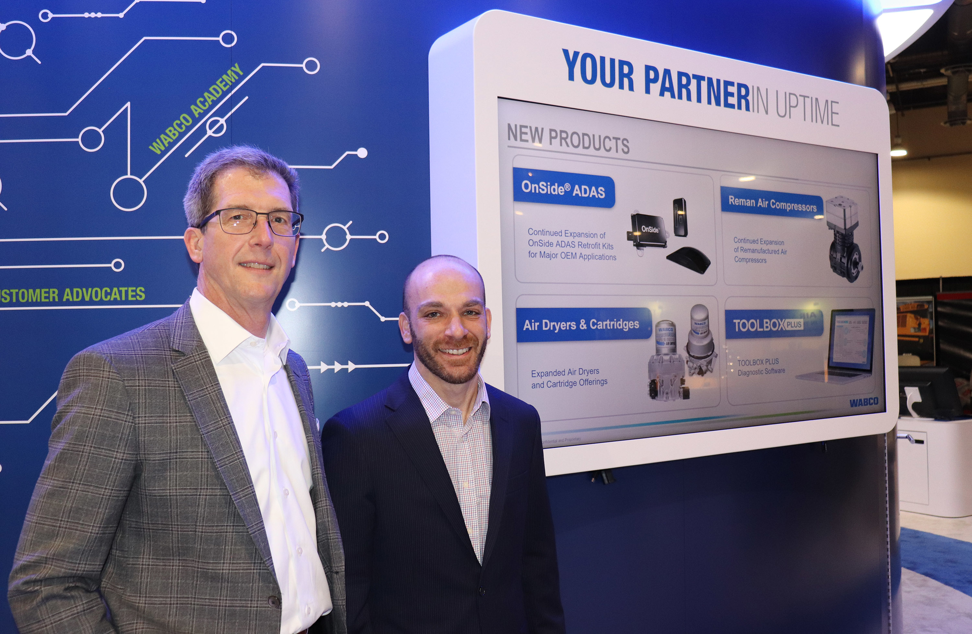 WABCO Americas President Jon Morrison (left) and Abe Aon, WABCO North America aftersales, service and support leader, (right) announcing new products at Heavy Duty Aftermarket Week 2020.