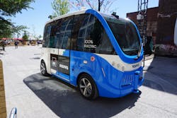 The NAVYA autonomous shuttle, which seats 15 people, transported 2019 Movin'On Summit attendees across the venue, showing that a vehicle doesn't need a steering wheel or pedals to operate efficiently. The NAVYA autonomous shuttle, which seats 15 people, transported 2019 Movin'On Summit attendees across the venue, showing that a vehicle doesn't need a steering wheel or pedals to operate efficiently.
