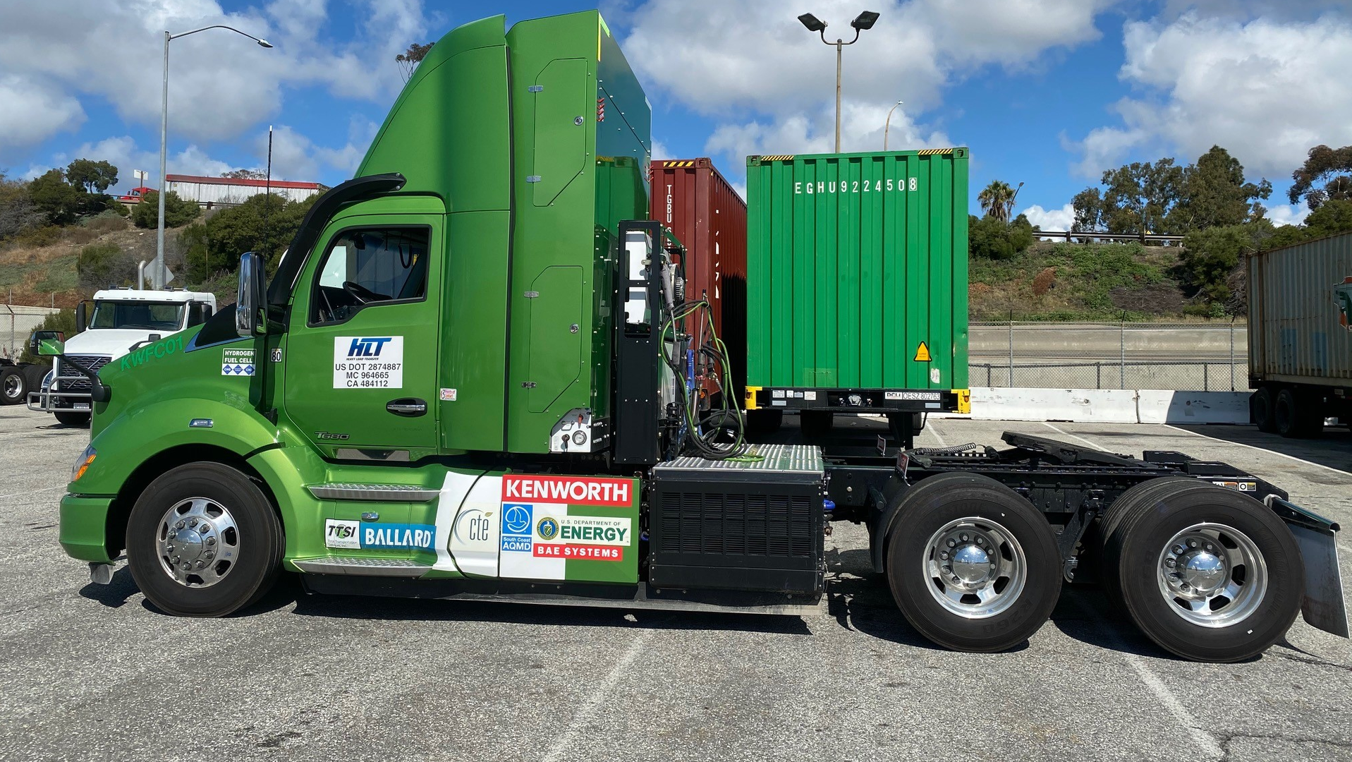 Total Transportation Services uses a Kenworth fuel cell truck to haul containers for its drayage operations in Southern California.