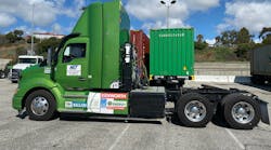 Total Transportation Services uses a Kenworth fuel cell truck to haul containers for its drayage operations in Southern California. Total Transportation Services uses a Kenworth fuel cell truck to haul containers for its drayage operations in Southern California.
