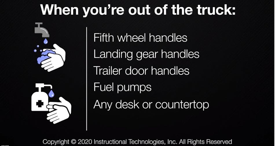 The ITI training video reminds drivers of all the items they could touch to contract germs and when and how often to wash hands or use hand sanitizer.