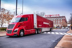 The Nikola Two fuel-cell electric Class 8 truck was used to haul beer from Anheuser-Busch's flagship brewery in St. Louis to a warehouse. The manufacturer expects to begin production on hydrogen-powered trucks in the next 24 months. The Nikola Two fuel-cell electric Class 8 truck was used to haul beer from Anheuser-Busch's flagship brewery in St. Louis to a warehouse. The manufacturer expects to begin production on hydrogen-powered trucks in the next 24 months.