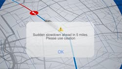 Trimble's slowdown alert service will give audible and visual cues to give truck drivers time to slow down prior to a traffic bottleneck. Trimble's slowdown alert service will give audible and visual cues to give truck drivers time to slow down prior to a traffic bottleneck.