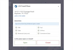 Clicking on a truck stop shows available services. If something is listed as open, but is actually closed, a user can click on that amenity to mark the change. Clicking on a truck stop shows available services. If something is listed as open, but is actually closed, a user can click on that amenity to mark the change.