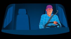 This rendering displays the area of the driver that is captured with machine vision (MV) technology. Artificial intelligence (AI) technology then assesses and determines if the driver is displaying any distracted behaviors, alerting the driver and the fleet.
