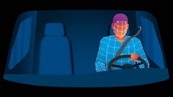 This rendering displays the area of the driver that is captured with machine vision (MV) technology. Artificial intelligence (AI) technology then assesses and determines if the driver is displaying any distracted behaviors, alerting the driver and the fleet. This rendering displays the area of the driver that is captured with machine vision (MV) technology. Artificial intelligence (AI) technology then assesses and determines if the driver is displaying any distracted behaviors, alerting the driver and the fleet.