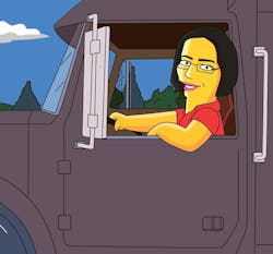 Jess Graham depicted as a Simpsons caricature operating her truck, &apos;The Black Widow&apos;.