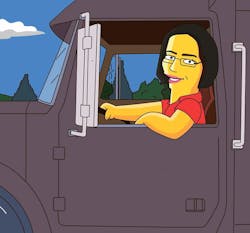Jess Graham depicted as a Simpsons caricature operating her truck, 'The Black Widow'. Jess Graham depicted as a Simpsons caricature operating her truck, 'The Black Widow'.