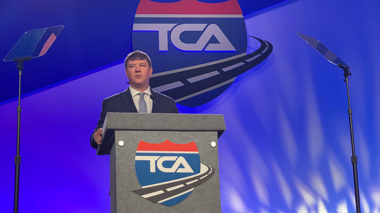 Jim Mullen, the acting administrator of the FMCSA, speaks the 2020 Truckload Carriers Association conference in Orlando in March.