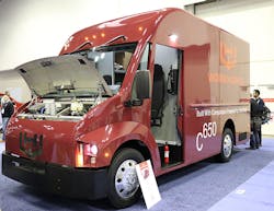 The Workhorse C-650 at the 2020 Work Truck Show. The step van drove away with the event&apos;s innovation award in the &apos;Green&apos;category.