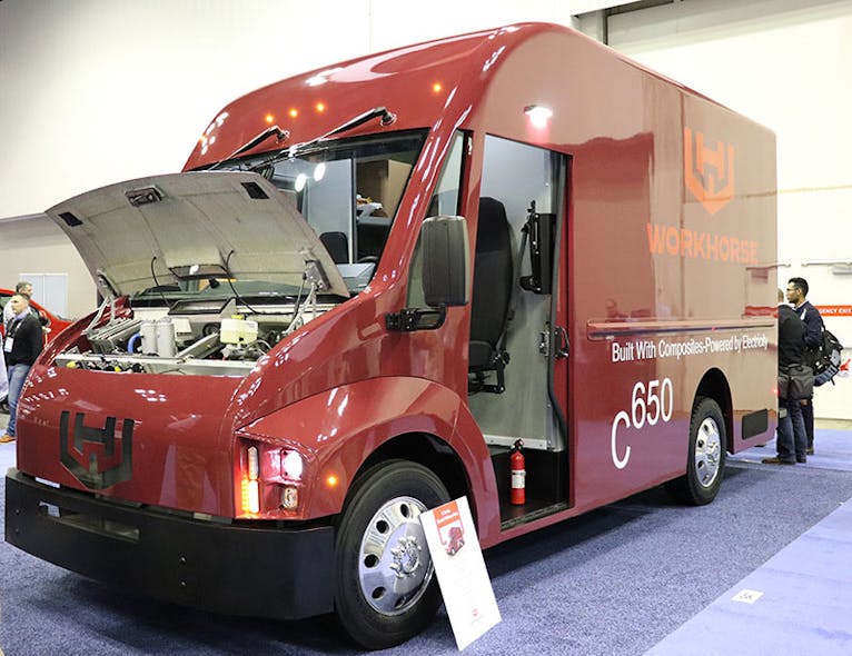 The Workhorse C-650 at the 2020 Work Truck Show. The step van drove away with the event&apos;s innovation award in the &apos;Green&apos;category.