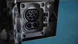 Charging port showing CCS2 on Volvo VNR Electric. Charging port showing CCS2 on Volvo VNR Electric.