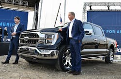 Ford COO Jim Farley (left) and executive chairman Bill Ford (right) show off the 2021 F-150. Farley is also the incoming CEO. Ford COO Jim Farley (left) and executive chairman Bill Ford (right) show off the 2021 F-150. Farley is also the incoming CEO.