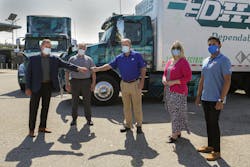 General manager of Volvo Trucks North America’s TEC Equipment dealership, Mike Reardon, hands over the keys to the first Volvo VNR Electric Class 8 truck models to Joe Finney with Dependable Highway Express. From left to right: Joe Finney, COO at Dependable Highway Express; Troy Musgrave, director of process improvement at Dependable Highway Express; Mike Reardon, general manager at TEC Equipment; Janice Rutherford, county supervisor of San Bernardino County and South Coast Air Quality Management District board member; Aravind Kailas, advanced technology policy director at Volvo Group North America. General manager of Volvo Trucks North America’s TEC Equipment dealership, Mike Reardon, hands over the keys to the first Volvo VNR Electric Class 8 truck models to Joe Finney with Dependable Highway Express. From left to right: Joe Finney, COO at Dependable Highway Express; Troy Musgrave, director of process improvement at Dependable Highway Express; Mike Reardon, general manager at TEC Equipment; Janice Rutherford, county supervisor of San Bernardino County and South Coast Air Quality Management District board member; Aravind Kailas, advanced technology policy director at Volvo Group North America.