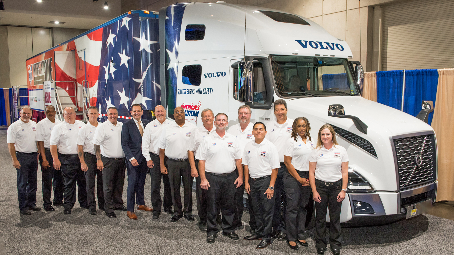 For the 19th year, Volvo Trucks North America will be the exclusive sponsor of the America&rsquo;s Road Team for 2021. Shown is Volvo Trucks North America President Peter Voorhoeve with the 2020 America&rsquo;s Road Team Captains at the 2019 ATA Management Conference & Exhibition.