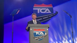 Jim Mullen, then acting administrator of the FMCSA, speaks at TCA 2020 in March. Jim Mullen, then acting administrator of the FMCSA, speaks at TCA 2020 in March.
