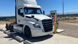 At public charging stations, even one Freightliner eCascadia tractor takes up a lot of space and reduce overall availability. At public charging stations, even one Freightliner eCascadia tractor takes up a lot of space and reduce overall availability.